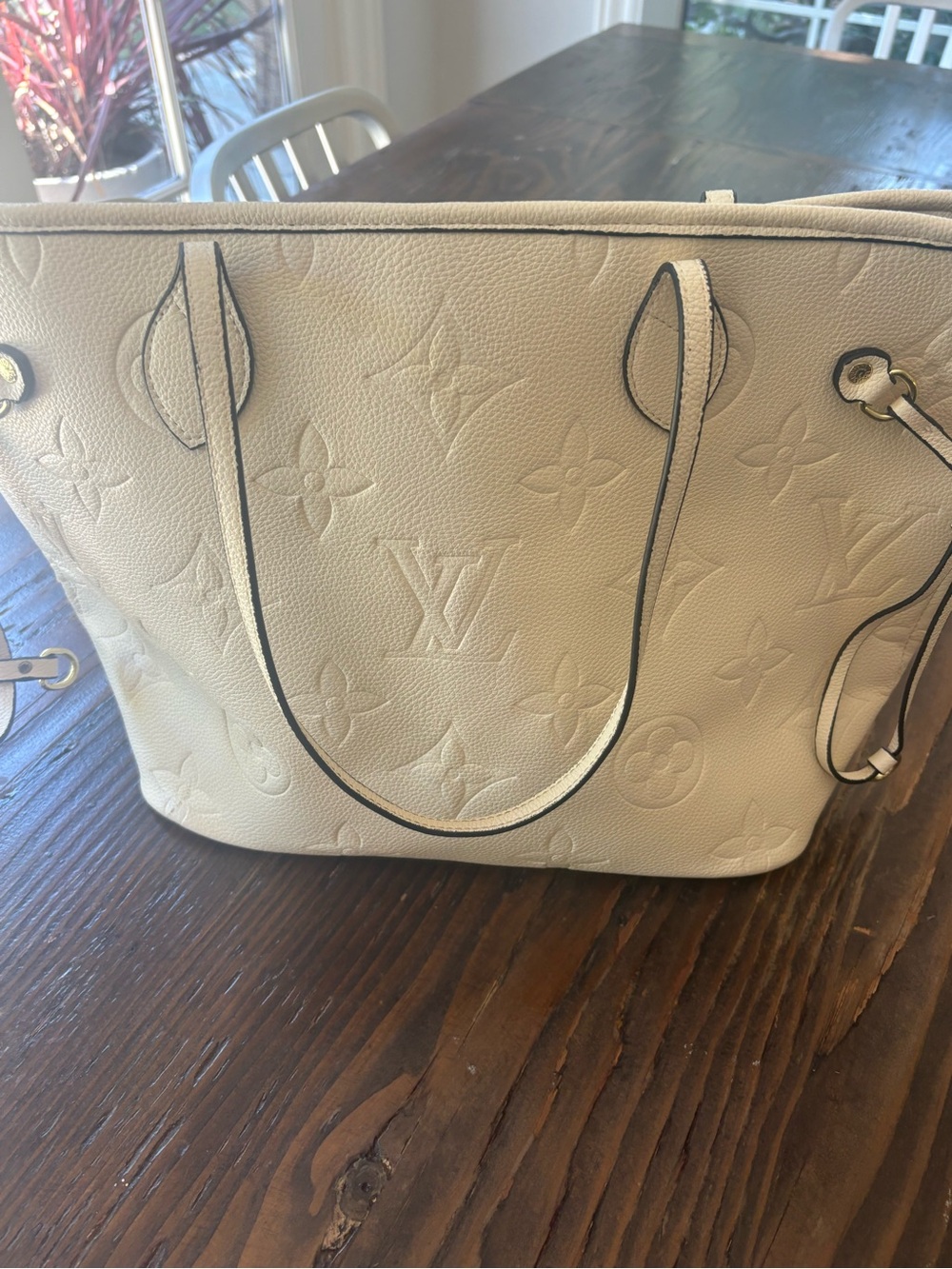 Cream Empriente Embossed Monogram Tote with Black Trim